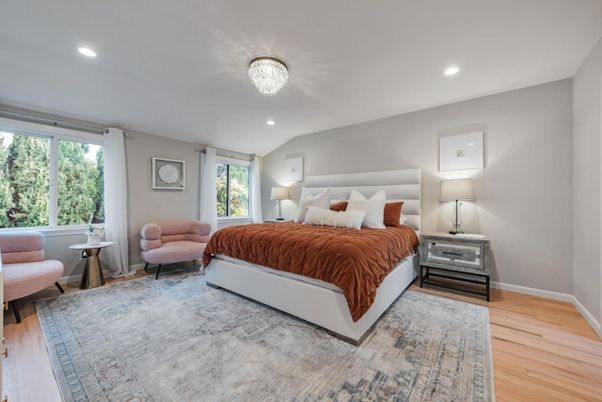 Bedroom, Chandelier, Interior, Recessed Lighting, Wood Texture Flooring