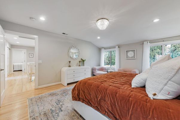 Bedroom, Interior, Recessed Lighting, Wood Texture Flooring