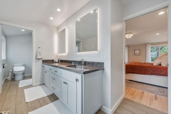 Bathroom, Bedroom, Chandelier, Dual Sink Vanities, Interior, Recessed Lighting, Wood Texture Flooring