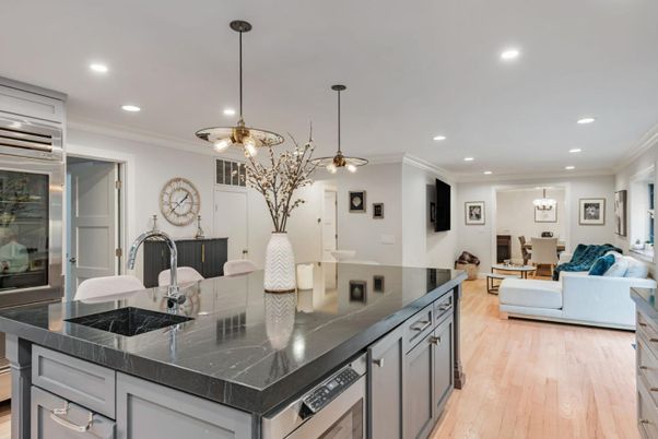 Dining room, Fireplace, Interior, Kitchen, Living room, Pendant Lights, Recessed Lighting, Stainless Steel Appliances, Wood Texture Flooring
