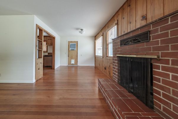 Empty room, Fireplace, Interior, Stone Walls, Wood Texture Flooring, Wooden Walls