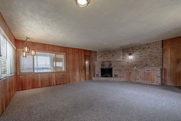 Empty room, Fireplace, Interior, Pendant Lights, Stone Walls, Wooden Walls