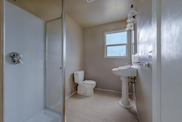 Bathroom, Glass Shower, Interior, Wood Texture Flooring