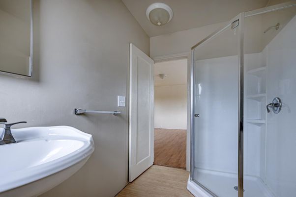 Bathroom, Glass Shower, Interior, Wood Texture Flooring