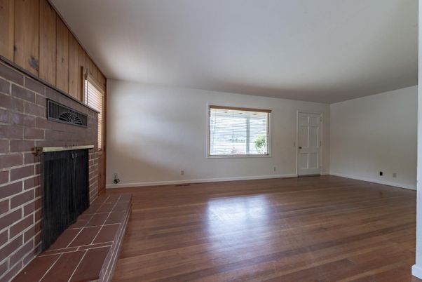 Empty room, Fireplace, Interior, Stone Walls, Wood Texture Flooring