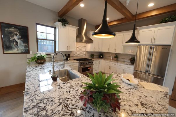 Interior, Kitchen, Pendant Lights, Recessed Lighting, Stainless Steel Appliances, Wooden Beams, Wood Texture Flooring