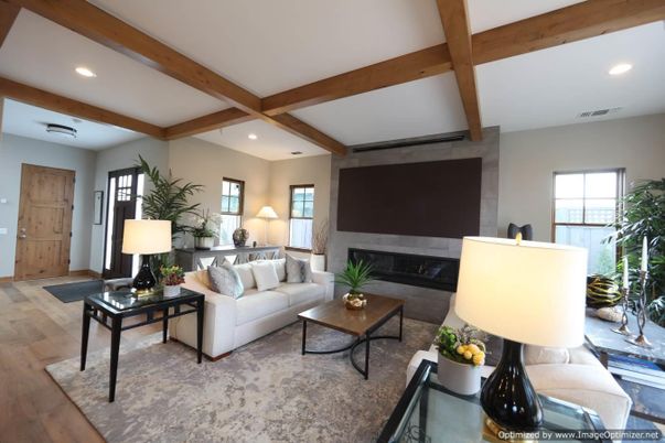 Fireplace, Interior, Living room, Recessed Lighting, Wooden Beams, Wood Texture Flooring