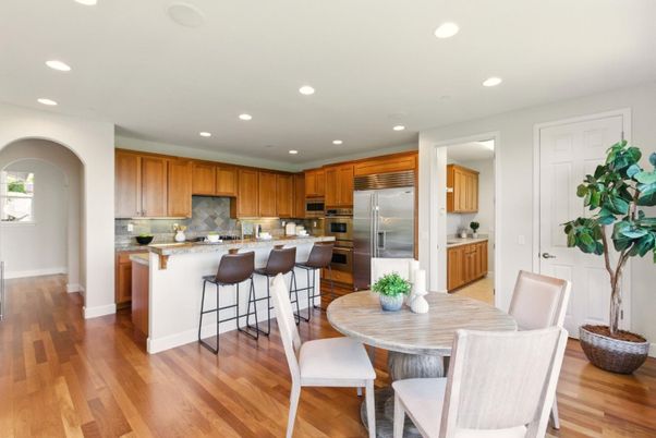 Dining room, Interior, Kitchen, Recessed Lighting, Stainless Steel Appliances, Wood Texture Flooring