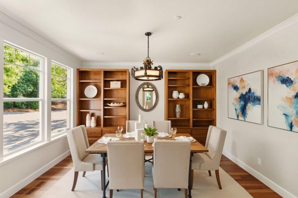 Dining room, Interior, Pendant Lights, Wood Texture Flooring