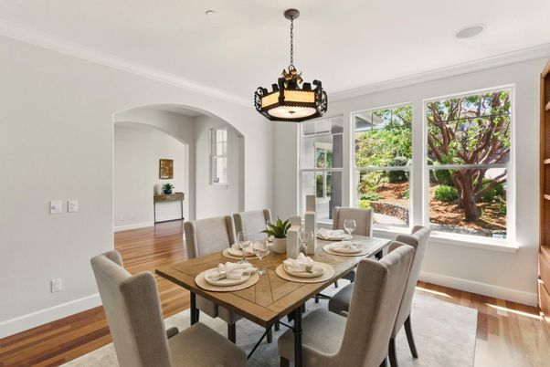 Dining room, Interior, Pendant Lights, Wood Texture Flooring