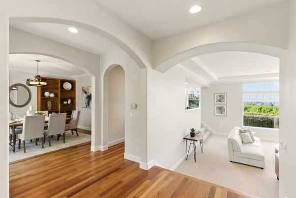 Dining room, Interior, Pendant Lights, Recessed Lighting, Wood Texture Flooring