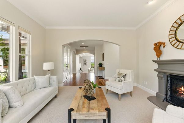Fireplace, Interior, Living room, Recessed Lighting, Wood Texture Flooring