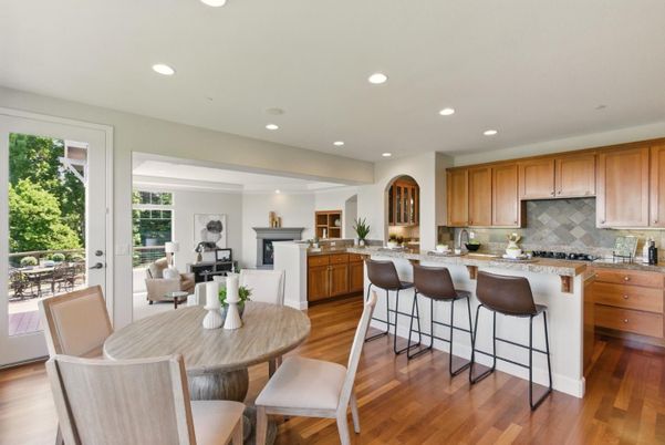 Dining room, Interior, Kitchen, Living room, Recessed Lighting, Wood Texture Flooring