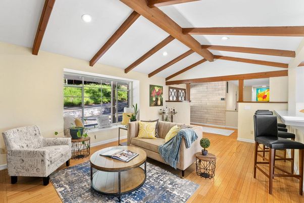 Fireplace, Interior, Living room, Recessed Lighting, Stone Walls, Wooden Beams, Wood Texture Flooring