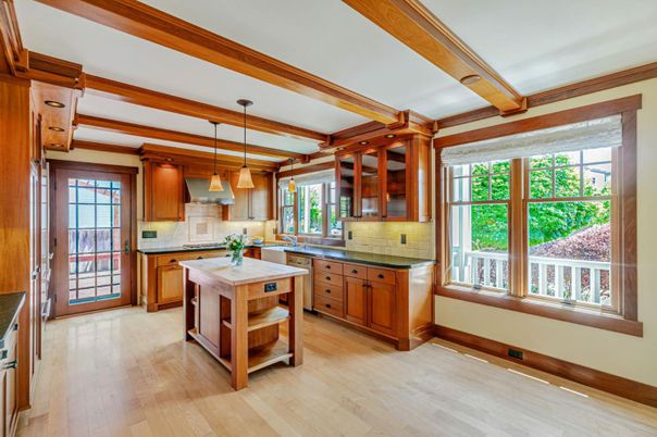 Interior, Kitchen, Pendant Lights, Wooden Beams, Wood Texture Flooring