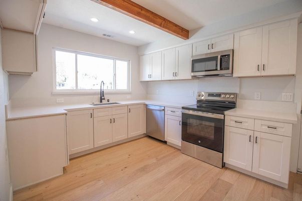 Interior, Kitchen, Recessed Lighting, Stainless Steel Appliances, Wooden Beams, Wood Texture Flooring