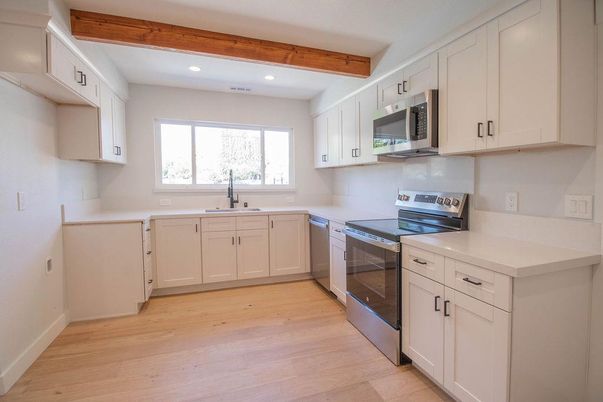 Interior, Kitchen, Recessed Lighting, Stainless Steel Appliances, Wooden Beams, Wood Texture Flooring
