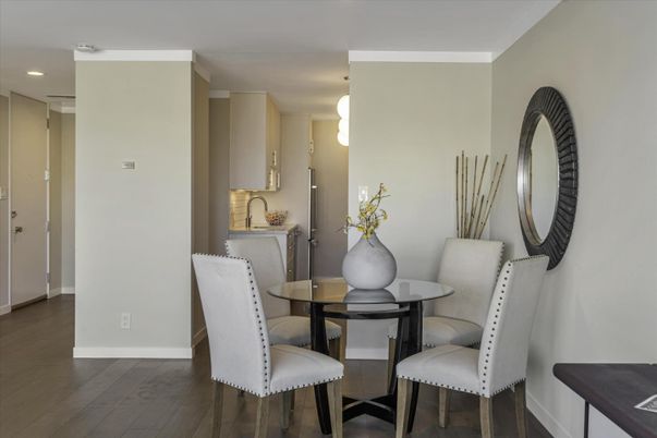 Dining room, Interior, Recessed Lighting, Wood Texture Flooring