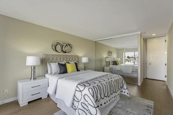 Bedroom, Interior, Recessed Lighting, Wood Texture Flooring