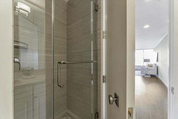Bathroom, Glass Shower, Interior, Recessed Lighting, Wood Texture Flooring