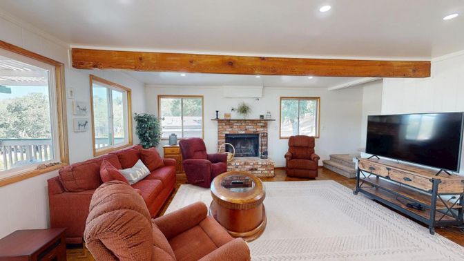 Fireplace, Interior, Living room, Recessed Lighting, Wooden Beams, Wood Texture Flooring