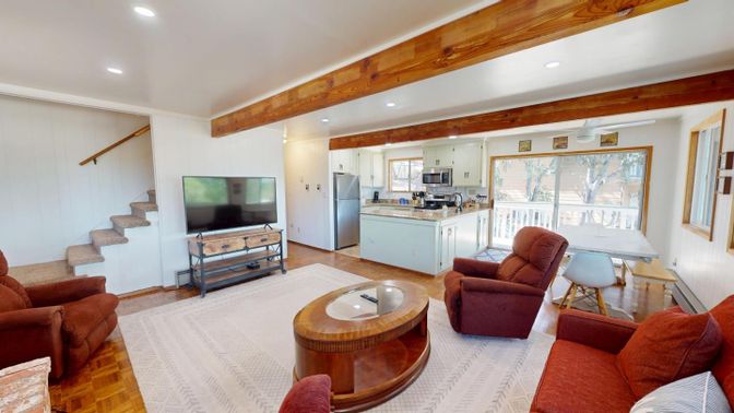 Dining room, Interior, Kitchen, Living room, Recessed Lighting, Wooden Beams, Wood Texture Flooring