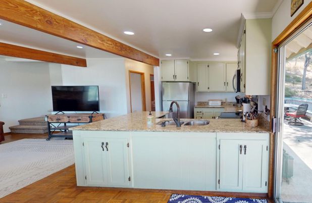 Interior, Kitchen, Recessed Lighting, Stainless Steel Appliances, Wooden Beams, Wood Texture Flooring