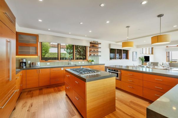 Interior, Kitchen, Pendant Lights, Recessed Lighting, Stainless Steel Appliances, Wood Texture Flooring