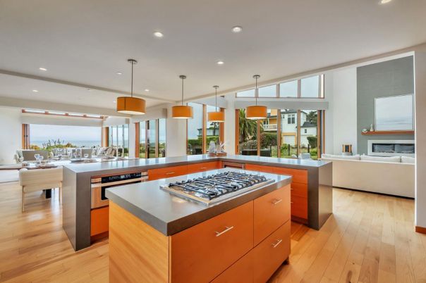 Dining room, Interior, Kitchen, Living room, Pendant Lights, Recessed Lighting, Stainless Steel Appliances, Water, Wood Texture Flooring