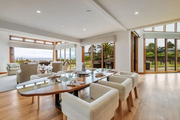 Dining room, Interior, Living room, Recessed Lighting, Water, Wood Texture Flooring