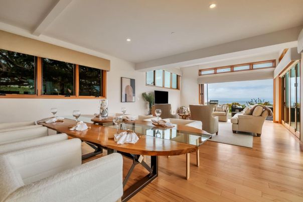 Dining room, Interior, Living room, Recessed Lighting, Water, Wood Texture Flooring