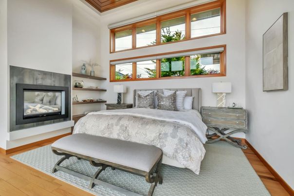 Bedroom, Fireplace, Interior, Wood Texture Flooring
