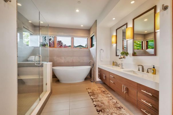 Bathroom, Dual Sink Vanities, Free Standing Baths, Glass Shower, Interior, Recessed Lighting
