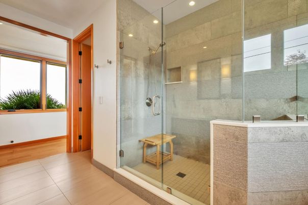 Bathroom, Glass Shower, Interior, Recessed Lighting, Wood Texture Flooring