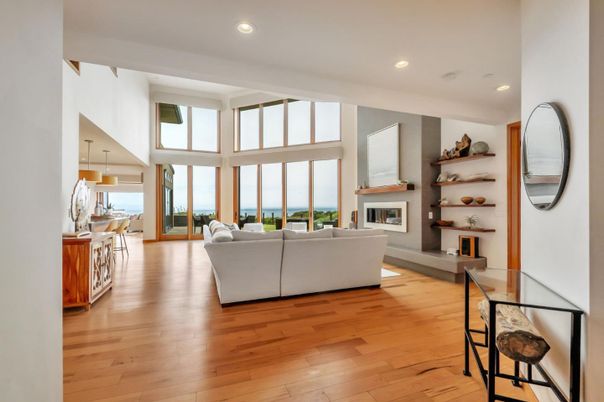 Fireplace, Interior, Living room, Pendant Lights, Recessed Lighting, Water, Wood Texture Flooring
