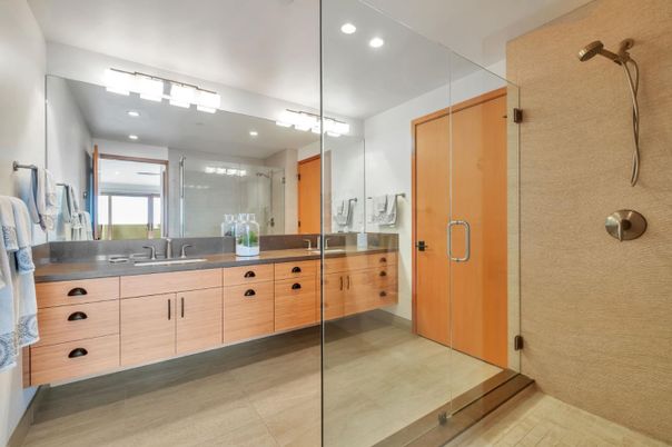 Bathroom, Dual Sink Vanities, Glass Shower, Interior, Recessed Lighting