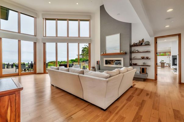 Fireplace, Interior, Living room, Recessed Lighting, Water, Wood Texture Flooring
