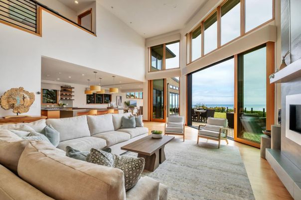Fireplace, Interior, Kitchen, Living room, Pendant Lights, Recessed Lighting, Water, Wood Texture Flooring