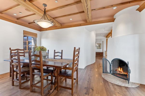 Dining room, Interior, Pendant Lights, Recessed Lighting, Wooden Beams, Wood Texture Flooring