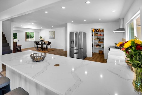 Dining room, Interior, Kitchen, Recessed Lighting, Stainless Steel Appliances, Wood Texture Flooring