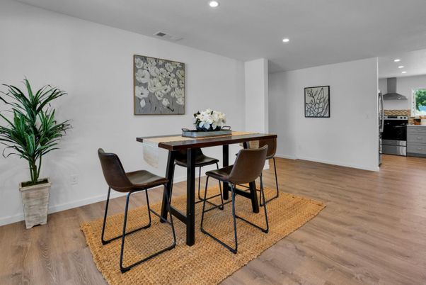 Dining room, Interior, Kitchen, Recessed Lighting, Wood Texture Flooring