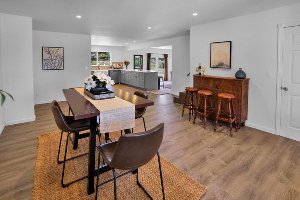 Dining room, Interior, Recessed Lighting, Wood Texture Flooring