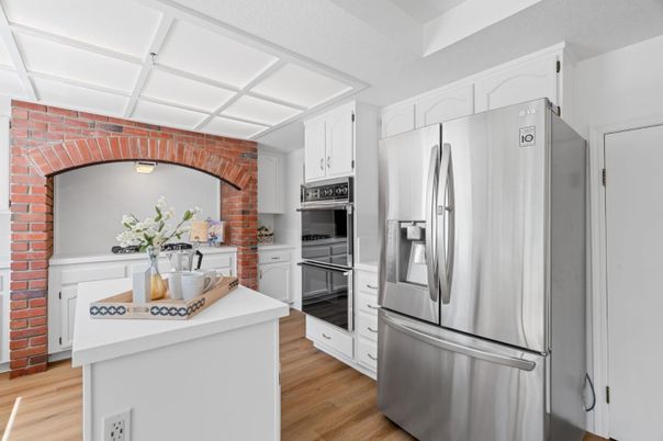 Interior, Kitchen, Stainless Steel Appliances, Stone Walls, Wood Texture Flooring