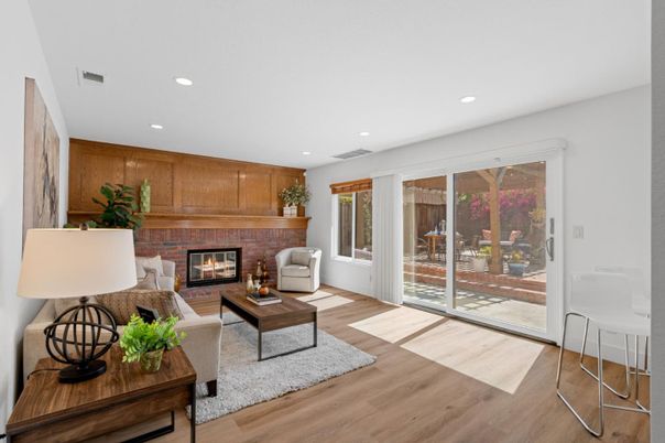 Fireplace, Interior, Living room, Recessed Lighting, Wood Texture Flooring