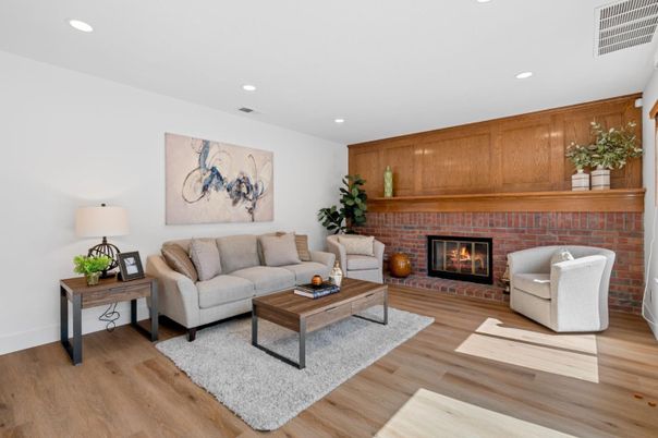 Fireplace, Interior, Living room, Recessed Lighting, Wood Texture Flooring