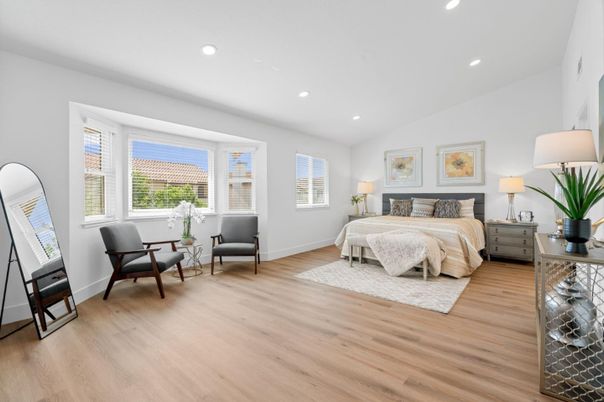 Bedroom, Interior, Recessed Lighting, Wood Texture Flooring