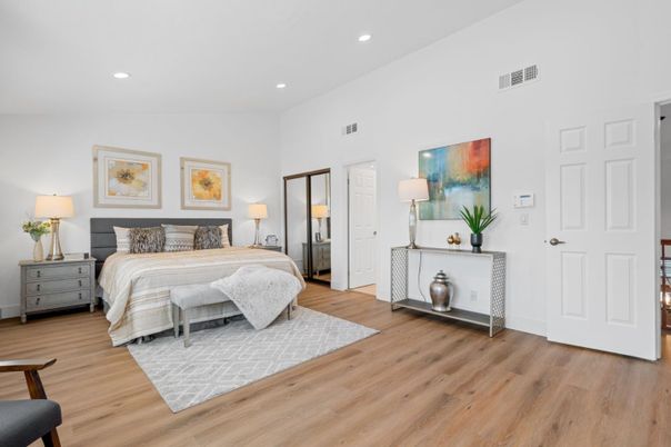Bedroom, Interior, Recessed Lighting, Wood Texture Flooring