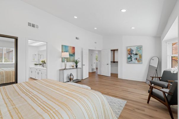 Bedroom, Interior, Recessed Lighting, Wood Texture Flooring