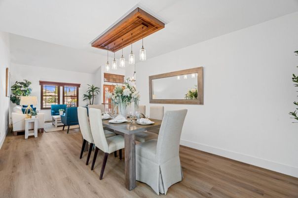 Dining room, Interior, Living room, Pendant Lights, Wood Texture Flooring