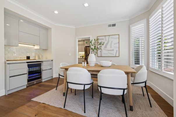 Dining room, Interior, Recessed Lighting, Wood Texture Flooring